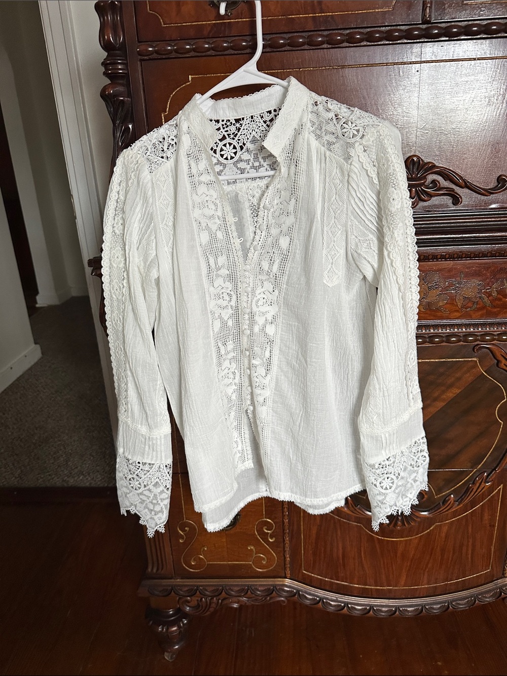 New White Lace Inset 3/4 Sleeve Button Front Blouse Top Women's Top Boho
